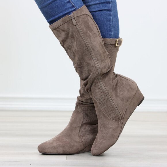Taupe Faux Suede Round Toe Low Kitten Wedge Heel Mid Calf Boots - Picture 9 of 13